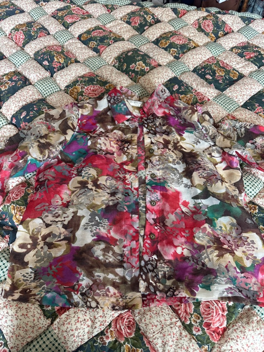 A—Allison Daley Multicolor Floral Button-Front Top - Pink Green Brown